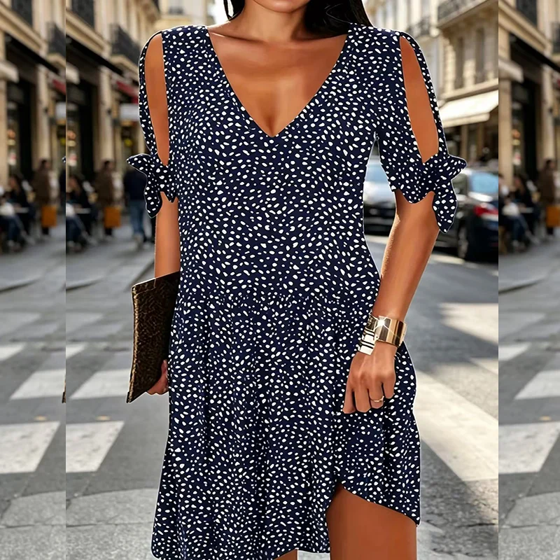 Women's Elegant V-Neck Summer Polka Dot Print Off-Shoulder Dress, Suitable for Vacation, Music Festivals, and Everyday Casual Wear