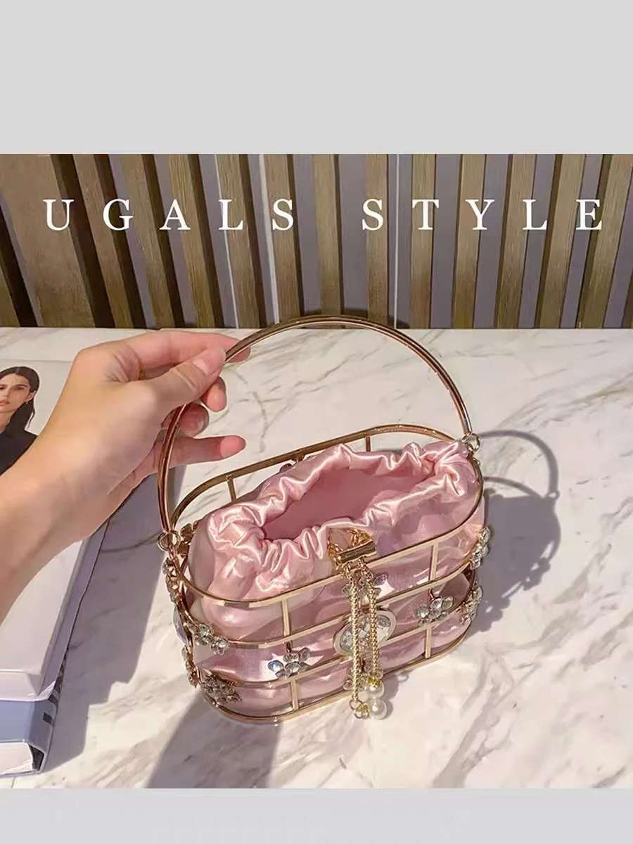 Fashion Luxury Women's Handbag Hollow Out Metal Cage Glitter Shiny Diamonds Evening Bag Wedding Party Clutch Purse Shoulder Bag
