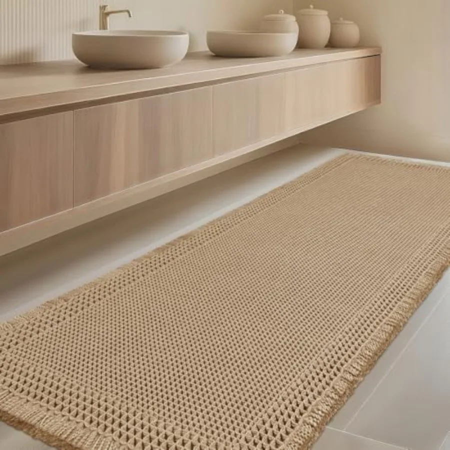

Extra Large Waffle Bath Mat, Boho Bathroom Rugs Absorbent Non Slip, Ultra Soft Bathroom Mat, Machine Washable Knit Bath Rugs wi