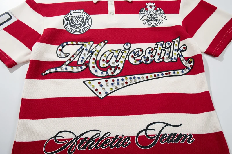 Summer MAJESTIK Tshirts Red White Striped Short Sleeve Colorful Hotfix Rhinestone Letter Lapel Shirts Men Women Street Outfit