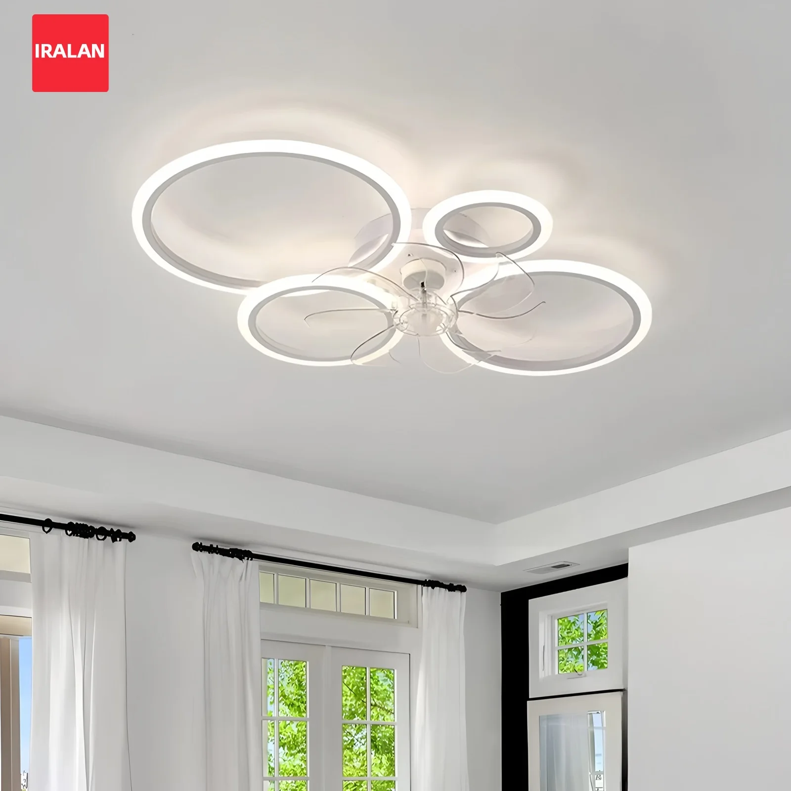 Household Ceiling Fan Lamp Modern Acrylic Circular Lighting Fixture Electric Fan Cool and Silent Timeable Intelligent Decorative