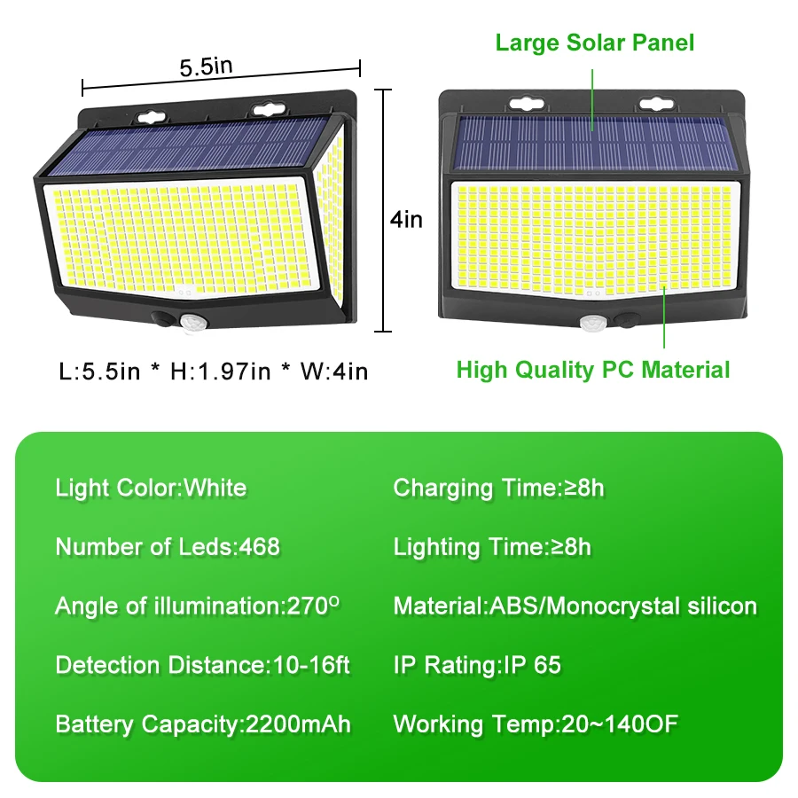 468-LED-Solarlampe für den Außenbereich, PIR-Bewegungsmelder, wasserdicht, sonnenlichtbetriebene Wandleuchte, Gartendekoration, Notfall-Straßenlaterne