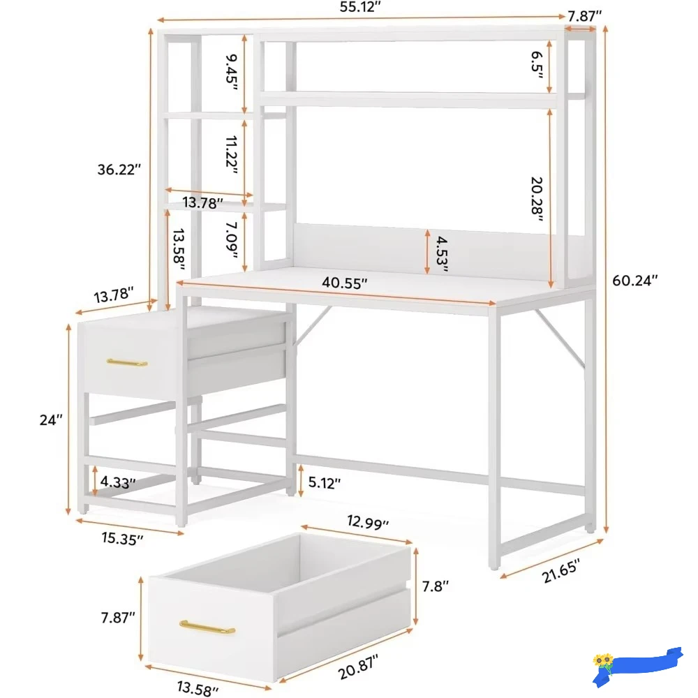 Rustic Computer Desk 55 Inch with Storage Shelves, 2-Drawer Writing Desk for Home Office, Spacious Workstation