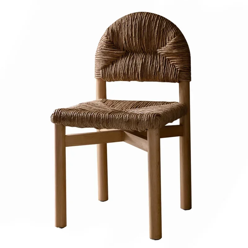 Grass and rattan woven dining chair, solid wood medieval silent wind, log backrest simple household makeup chair