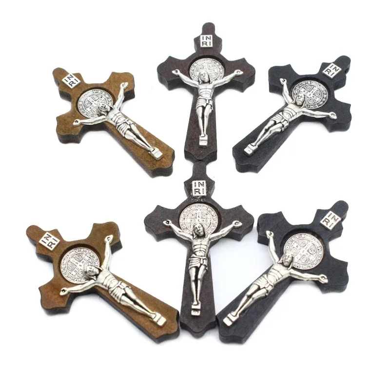 3pcs Religious Wooden Antique Black Brown Cross Rosary Pendant Jesus Saint Benedict Beaded Necklace for Men Women Jewelry