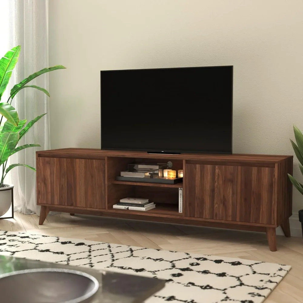 Hatfield Mid-Century Modern TV Stand For 65+ Inch TV's - Walnut Laminate Finish - 70 Inch Media Center - Adjustable Center Shelf