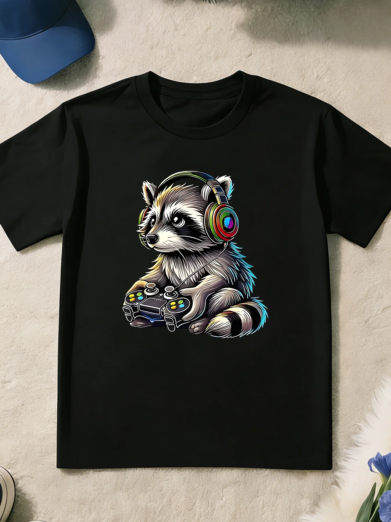Gamer Raccoon With Headset Gamepad Print T Shirt Boys Girls Gaming Animal Short Sleeve Tee Family Matching Kids Cotton Tops