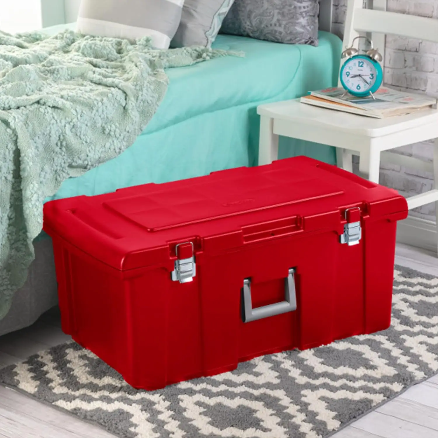 Wheeled Footlocker, Plastic Utility Lockable Storage Container With Handle, Red