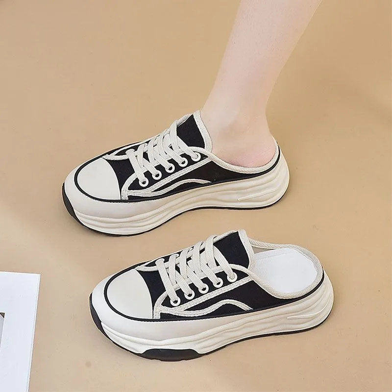 Sport Custom Designer Fashion Platform Chunky Heels Sneakers Shoes for Women White Canvas Shoes Slingback