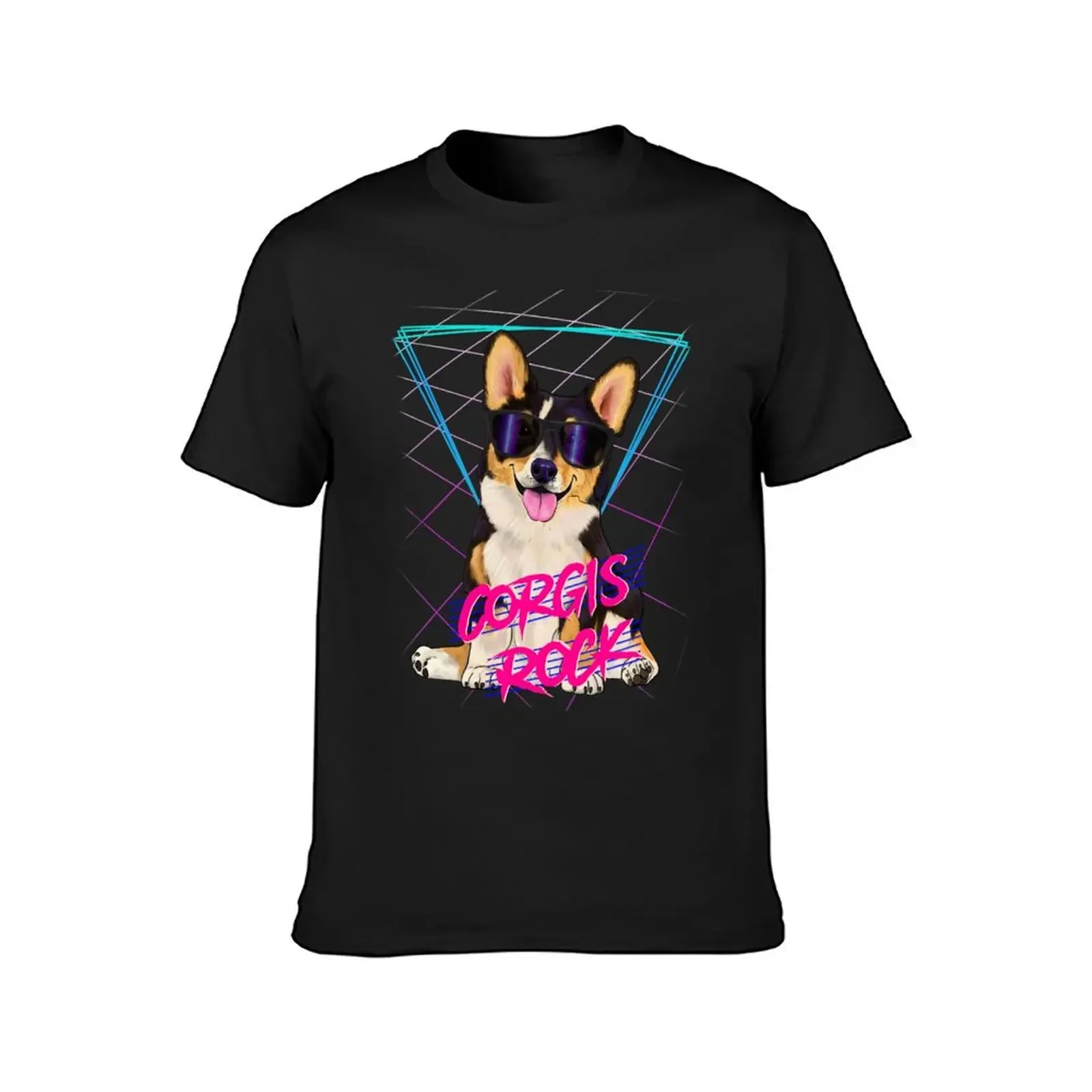 Corgis rock - Tri-color corgi with sunglasses and 80s background T-Shirt oversized t shirt oversized t shirt men