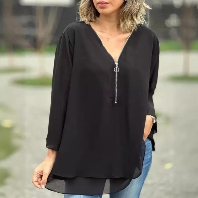 Autumn Women\'s Loose Blouses Elegant V-neck Three Quarter Sleeve Casual Chiffon Tops Metal Zipper Casual Shirts Women Clothing