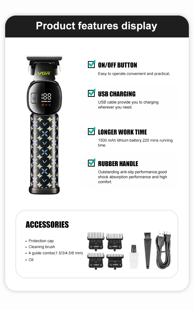 VGR New Hair Clipper LED Intelligent Digital USB Hair Trimmer Ceramic Stainless Steel Blade Professional Electric Push V-185