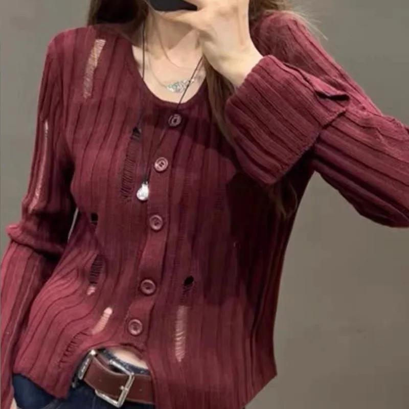 

Spring Autumn Fashion Hollow Out Solid Soft Wool Thin Knitted Cardigan Women's Clothing Y2K Loose O-neck Flare Sleeve Sweaters