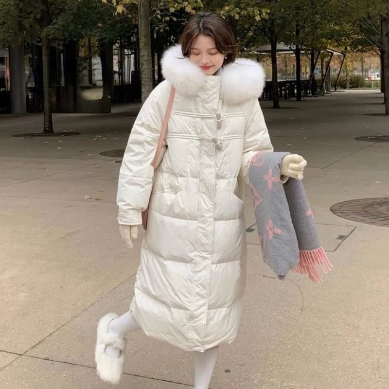 Winter New Thick Fleece Collar 90% White Duck Down Women Down Coat Mid Length Windproof Hood Slim Fit Thickened Warm Button Coat