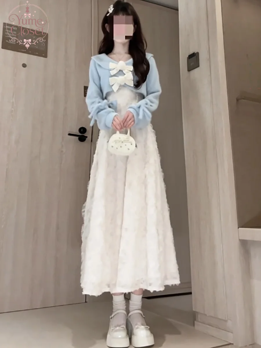 Japanese Sweet Camisole Dress Set Women Light Blue Double Bow Cropped Cardigan Lace Trim Ruched Waist Slim Fit Long Dress Elegan