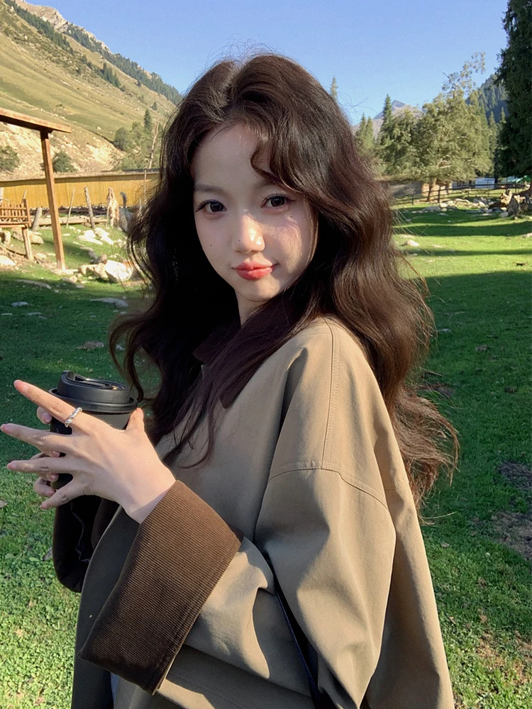 

Khaki Color Blo Corduroy Women's Windbreaker Jaet Autumn New Sle Commute Loose Fit Long Sve Collar Single Button