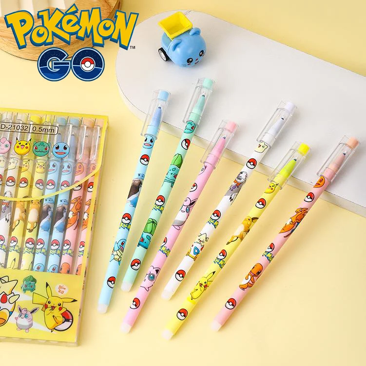 12PCS Pokemon Gel Pen Set Anime Pikachu Cartoon Erasable Writing Signature Pen Student Learning Supplies Stationery for Children