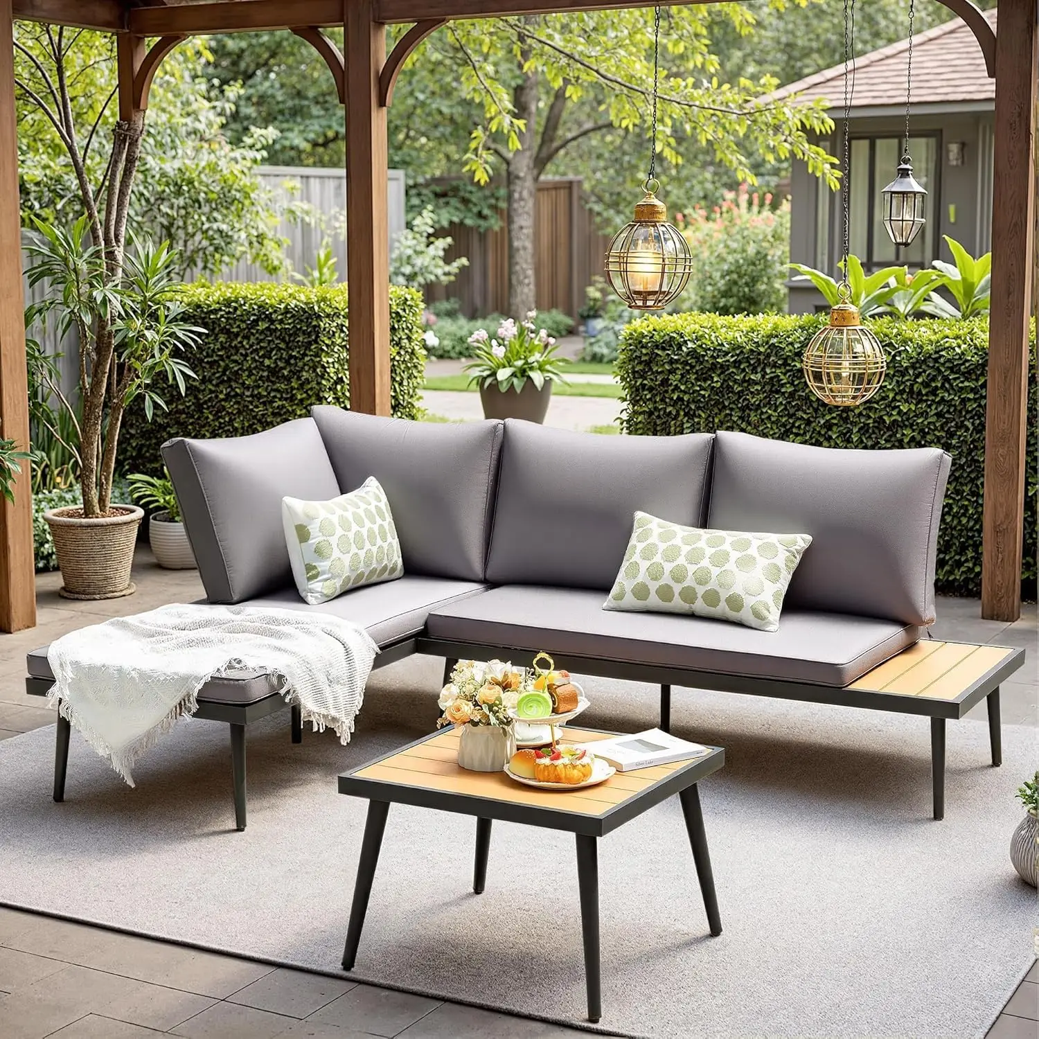 L-Shaped Outdoor Sectional Sofa with Acacia Wood & Extend Table Cup Holder 75.5''L x 53.1''W, Customized