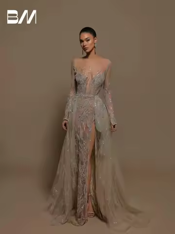 Shiny O-neck Prom Dress With Detachable Tail Beads Party Evening Dress Illusion Cocktail Gown Formal Customized Vestidos De Gala