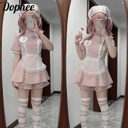 Dophee Original Nurses Two-piece Sets Pink Subcultural Dress Set Puff Short Sleeve Elegant Dress Shorts Suits(August Shipment)