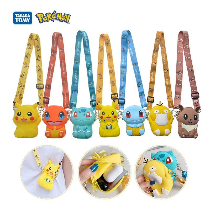 Pokemon Bag Anime Figure Pikachu Charmander Squirtle Eevee Silicone Coin Purse Cartoon Cute Fashion Shoulder Bag Kids Toy Gifts