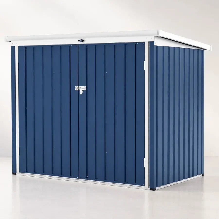 Outdoor garbage bin enclosure for garden, patio, backyard; iron; navy blue; weather-resistant, lockable, with front double door