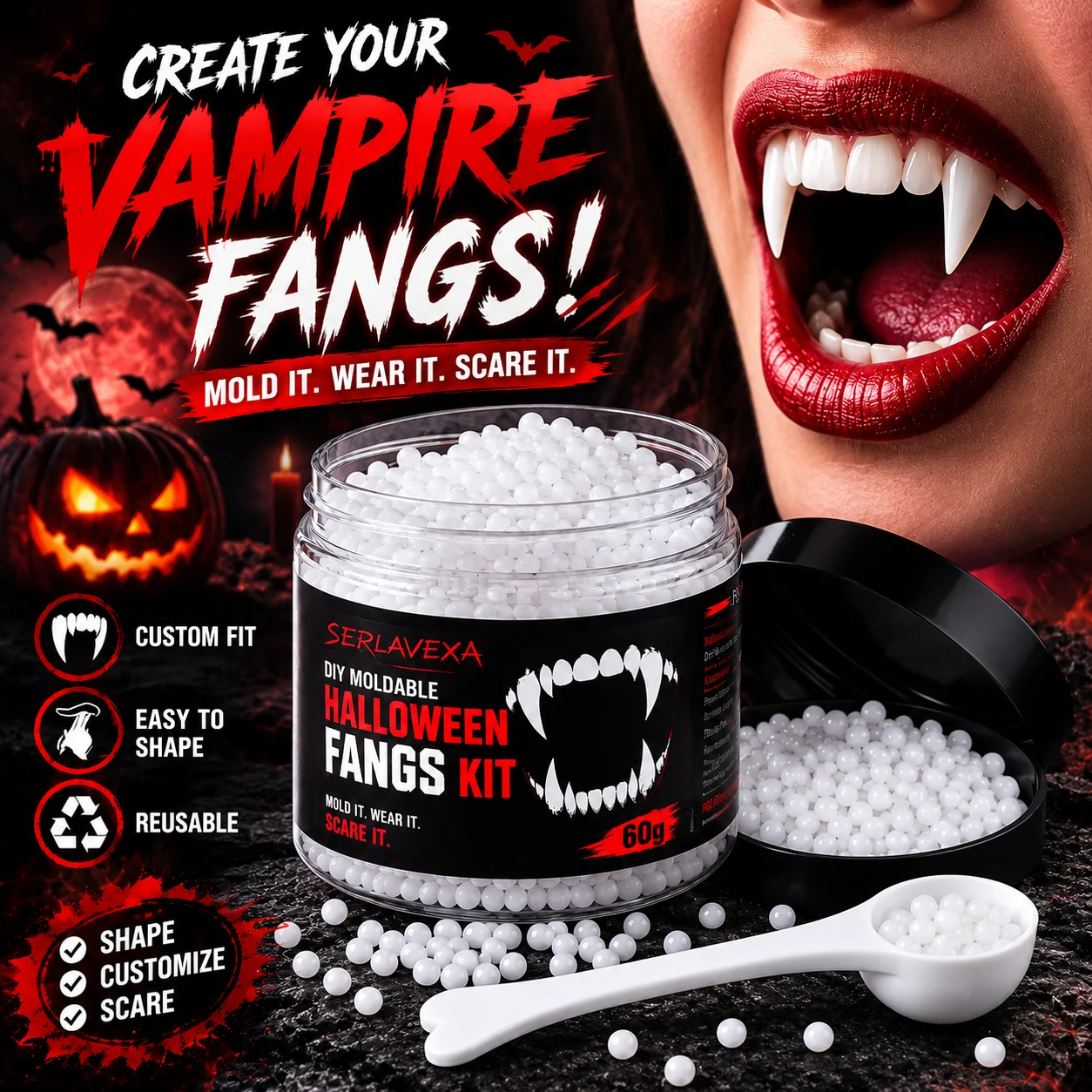 Cosplay Prop Kit - 60g Vormbaar Halloween-Tanden-Kit DIY Thermoplastische Kralen