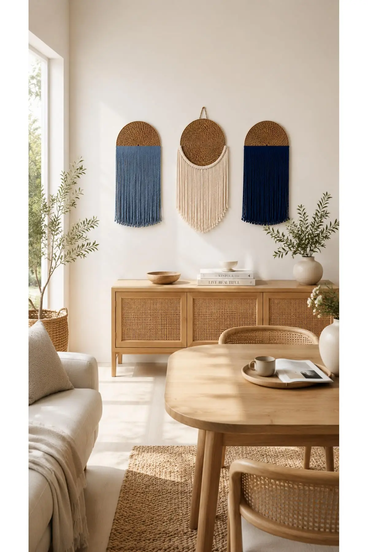 3 Piece Woven Placemat Set with Macrame Wall Hanging Petrol Blue Ecru Navy Blue Bohemian Decor Straw & Macrame 33 x 70