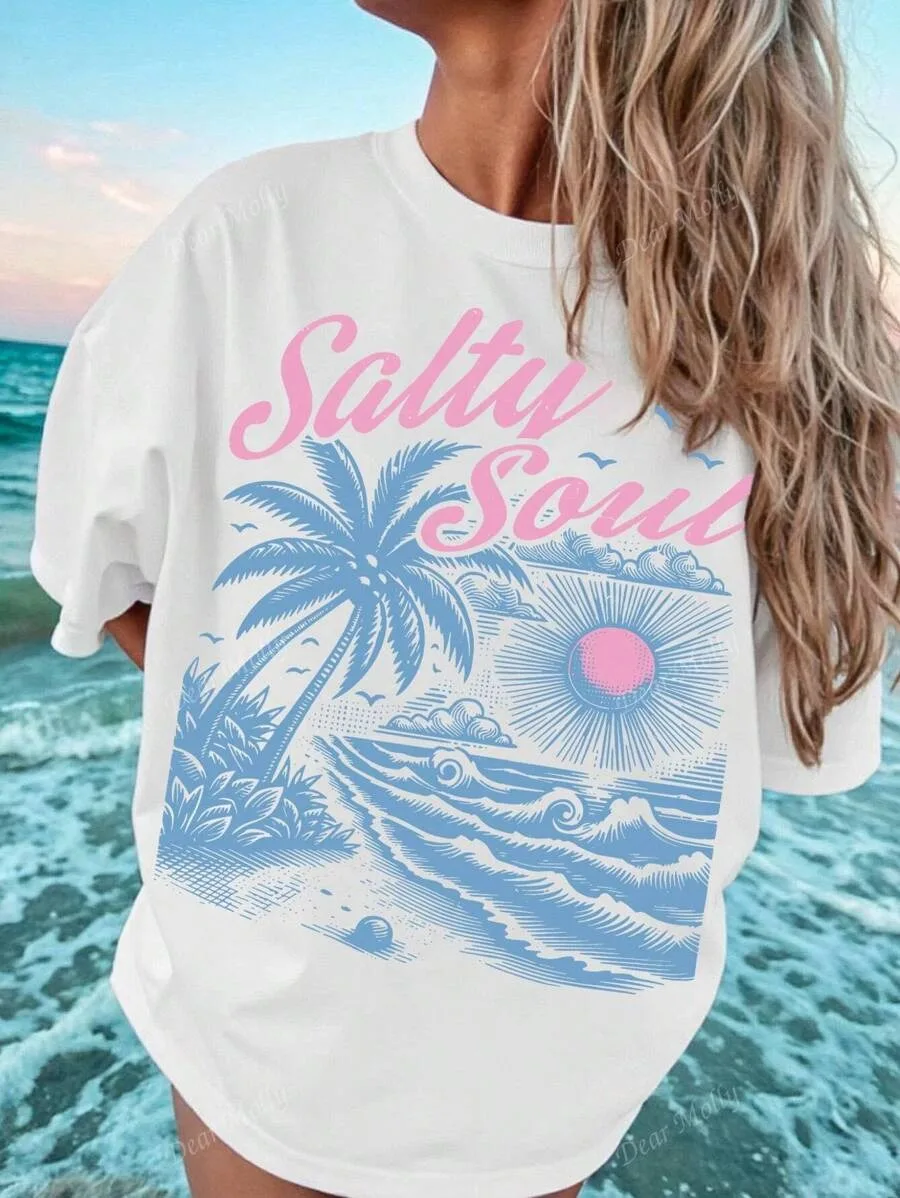 

Пляжная футболка больших размеров с рисунком «Salty Soul», белая футболка с короткими рукавами и узором Coastal