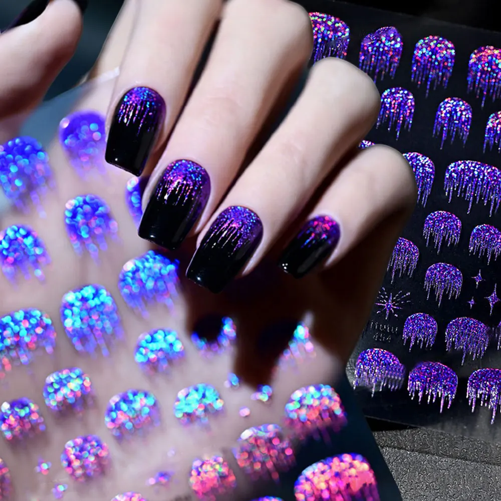 

1pcs 5D Sparkle Purple French Waterfall Nail Stickers Holographic Reflective Irregular French Line Adhesive Wave Line Nail Decor