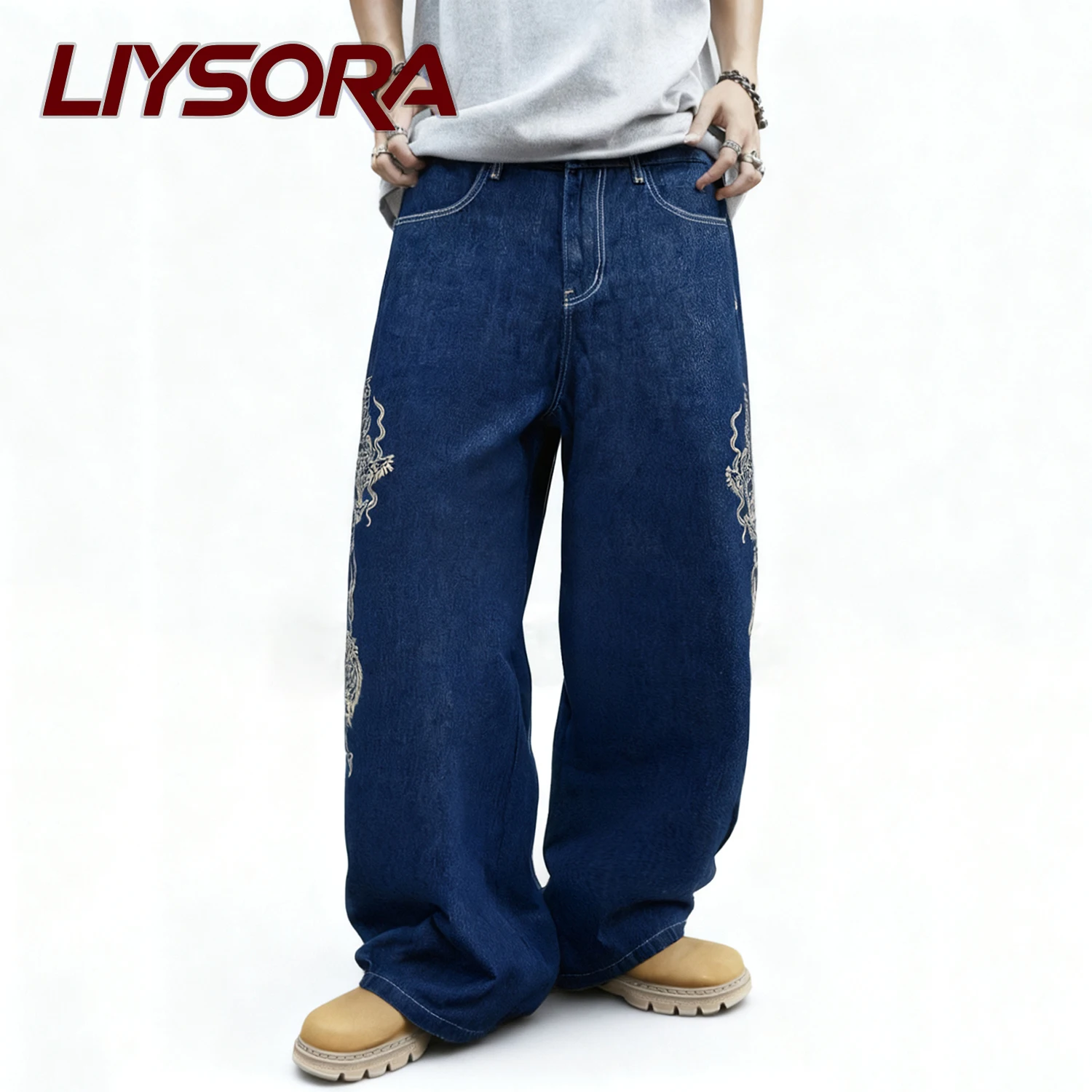 

Korea Men's Blue Baggy Dragon Embroidered Wide Leg Jeans Street Classic Retro Blue Loose Washed Denim Pants Unisex Clothes