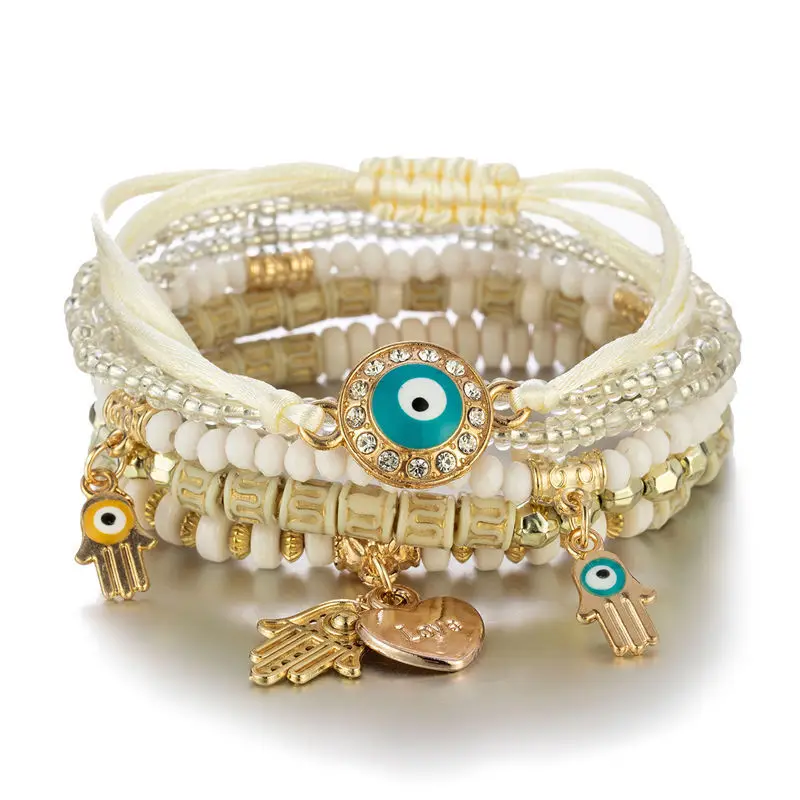 6-teiliges Set böhmisches Armband mit bösem Auge für Damen, Fatima-Hand, Herzanhänger, Perlenarmband, Kettengliederarmband, weiblicher Schmuck, Geschenk – Detail 3