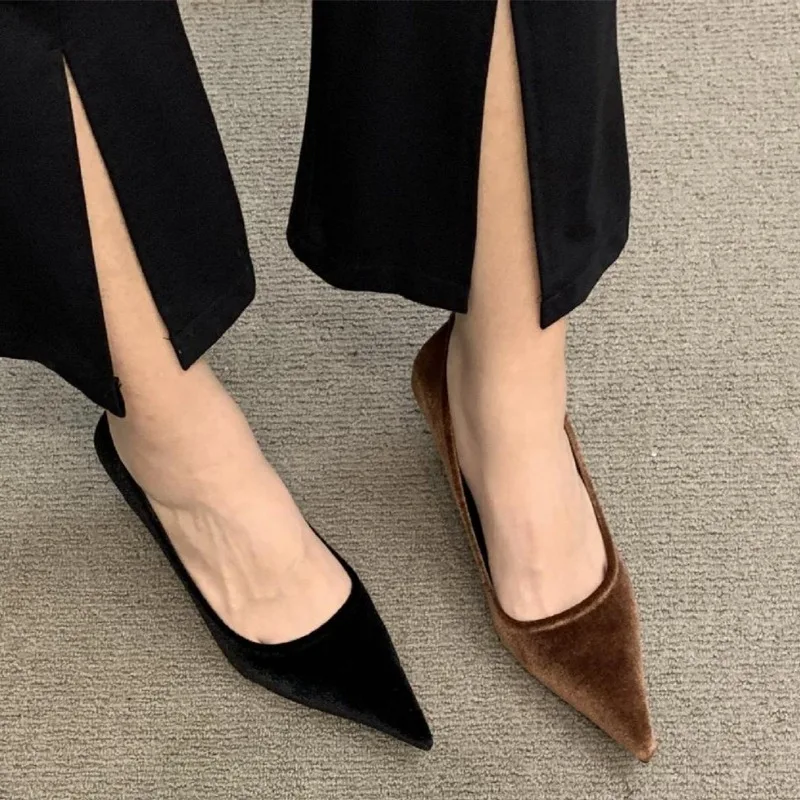 New Flashion Heels Shoes Women Low Heel Pointed Toe Pumps Velvet Shoes Slip-on Cozy Heeled Shoes High Heels Women Zapatos Mujer