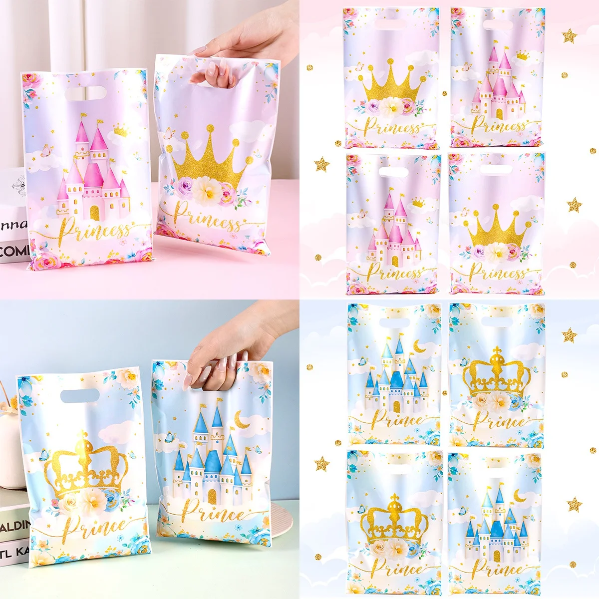 10/20/50 pçs princesa príncipe festa favor sacos coroa castelo doces goodie embalagem sacos para aniversário chá de fraldas festa de casamento decoração