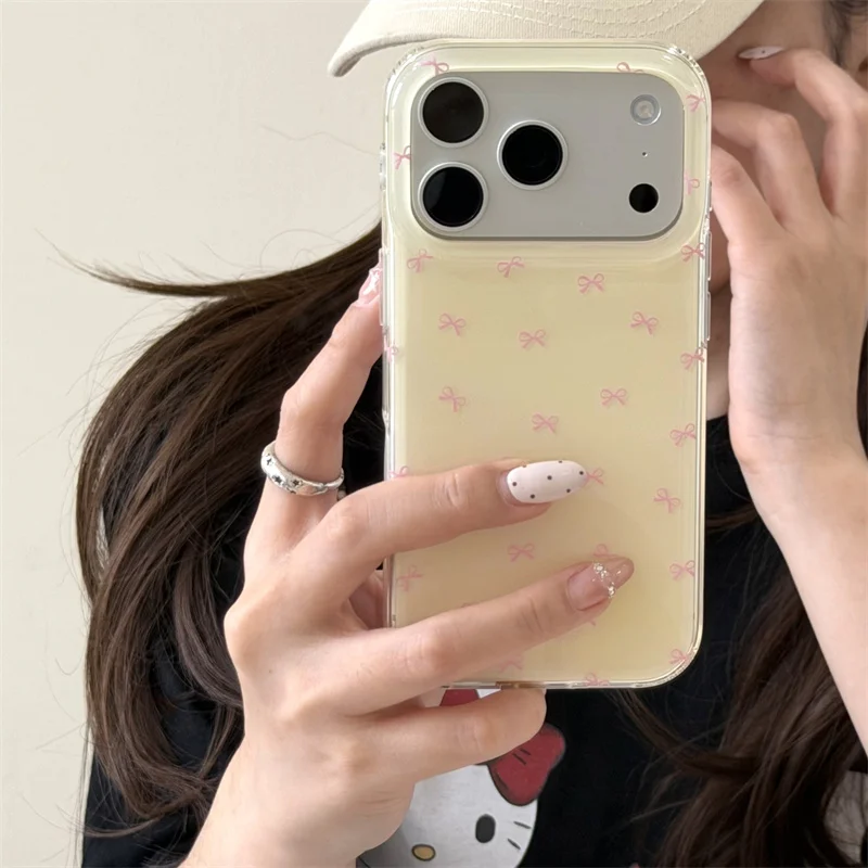 

Cute Pink Bow Print Phone Case for iPhone 15 16 17 Pro Max Shockproof Protective Cover Aesthetic Kawaii Yellow Clear Bumper Case