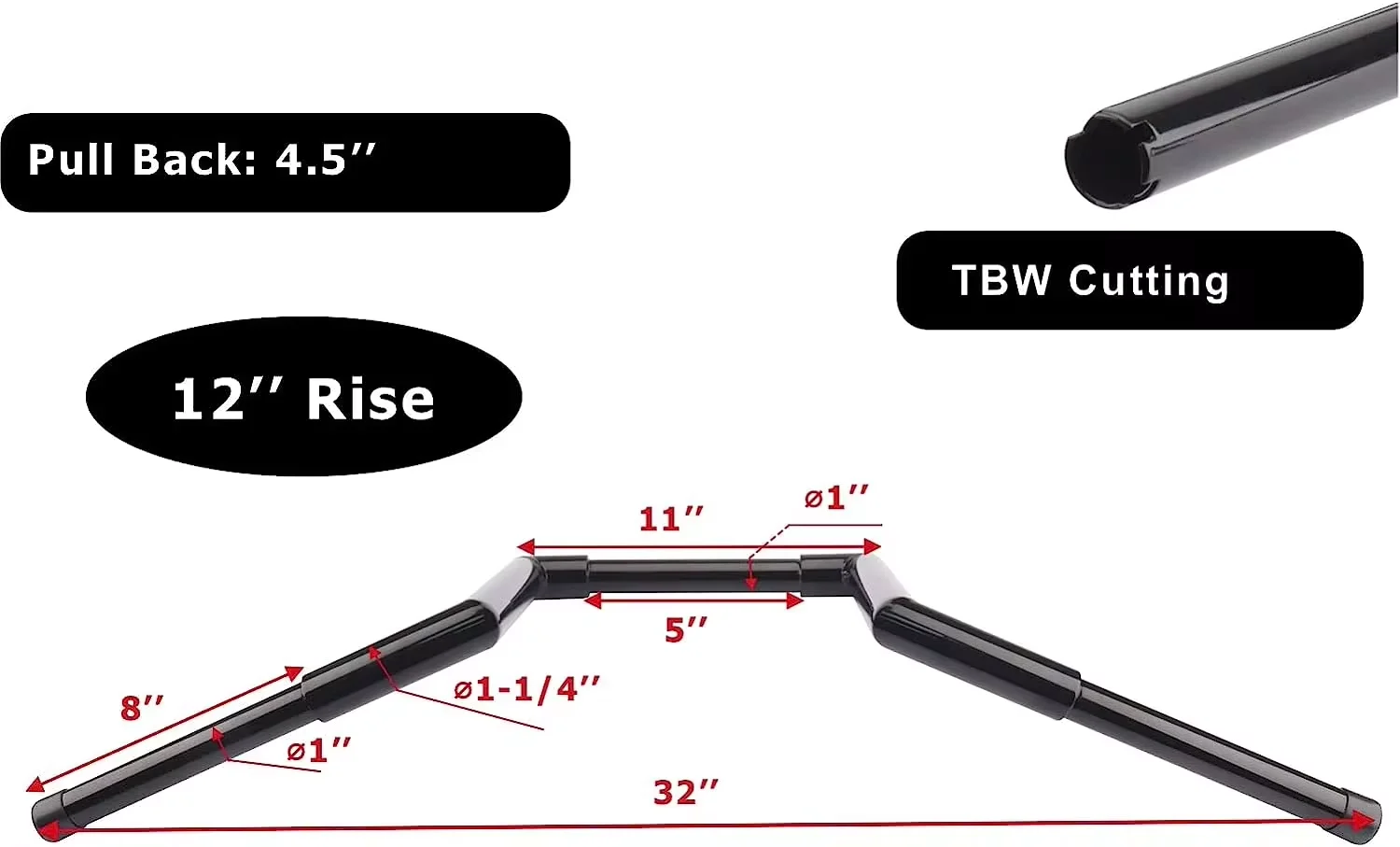 12 in Rise 1-1/4 Inches Fat Z Handlebar Ape Hanger Bar For Harley Sportster Softail Dyna Fat Street Bob Low Rider Super Wide