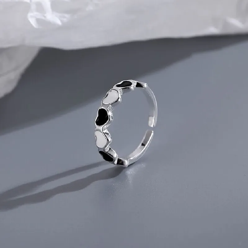 

New in 925 Sterling Silver White Black Heart Adjustable Rings For Women Wedding Luxury Jewelry Wholesale Jewellery Moneys 925