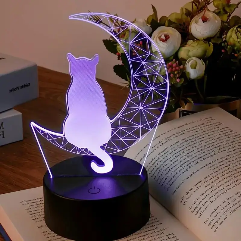 1PC Geometry Cat 3D Night Light, 3D Optical Illusion Lamp With Touch, 7-Color Changing Ambient Light For Bedroom