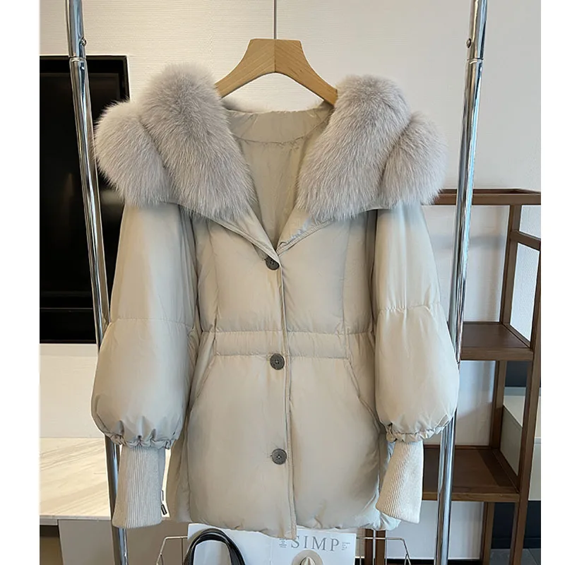 

Luxury Outwear New Female Coats 2023 New Autumn Winter Real Big Fox Fur Collar Thick Women Warm Coat 90% White Goose Down Jacket