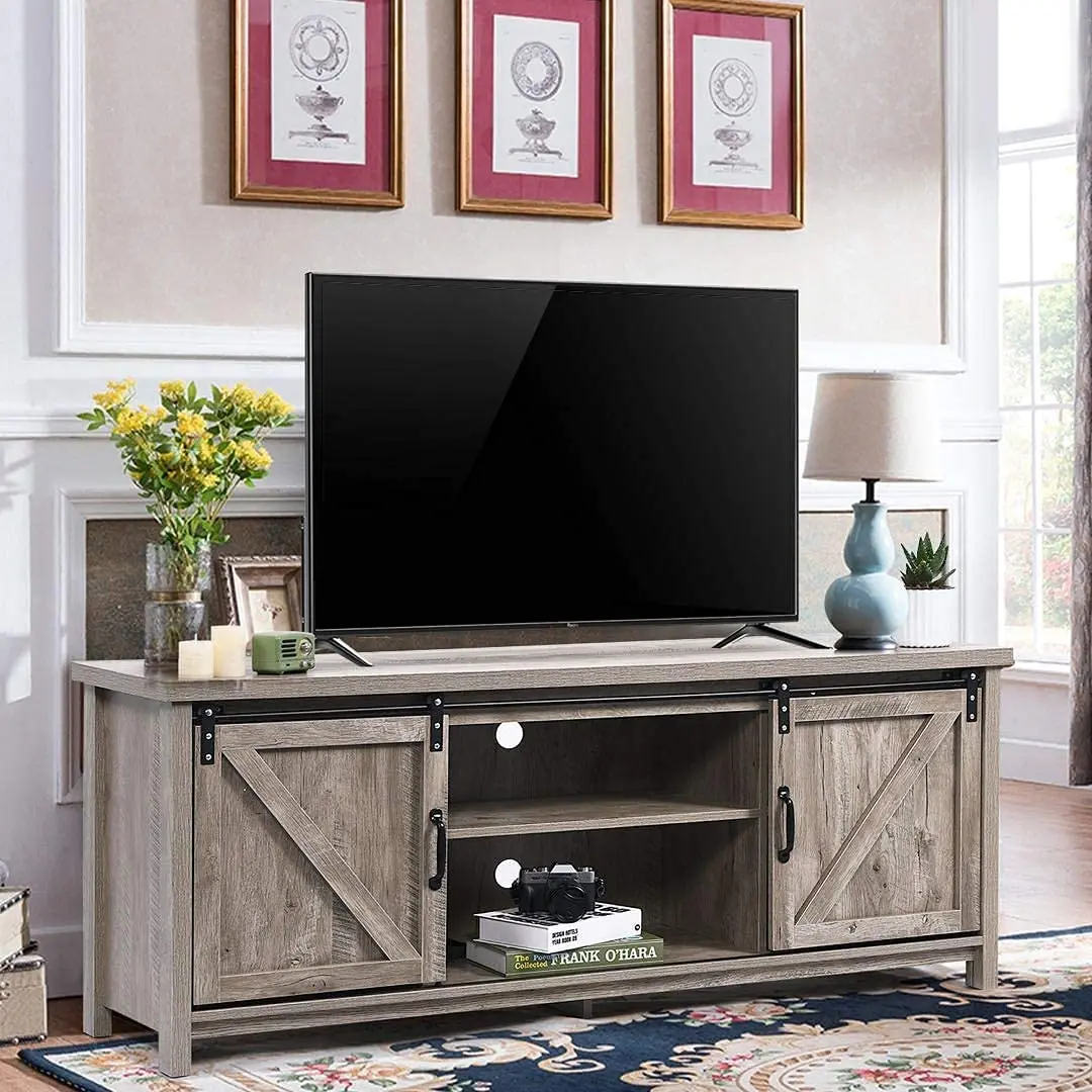 Gray Wash TV Stand Sliding Barn Door Entertainment Center Storage Shelves for 65 Inch TV Living Room, Customized