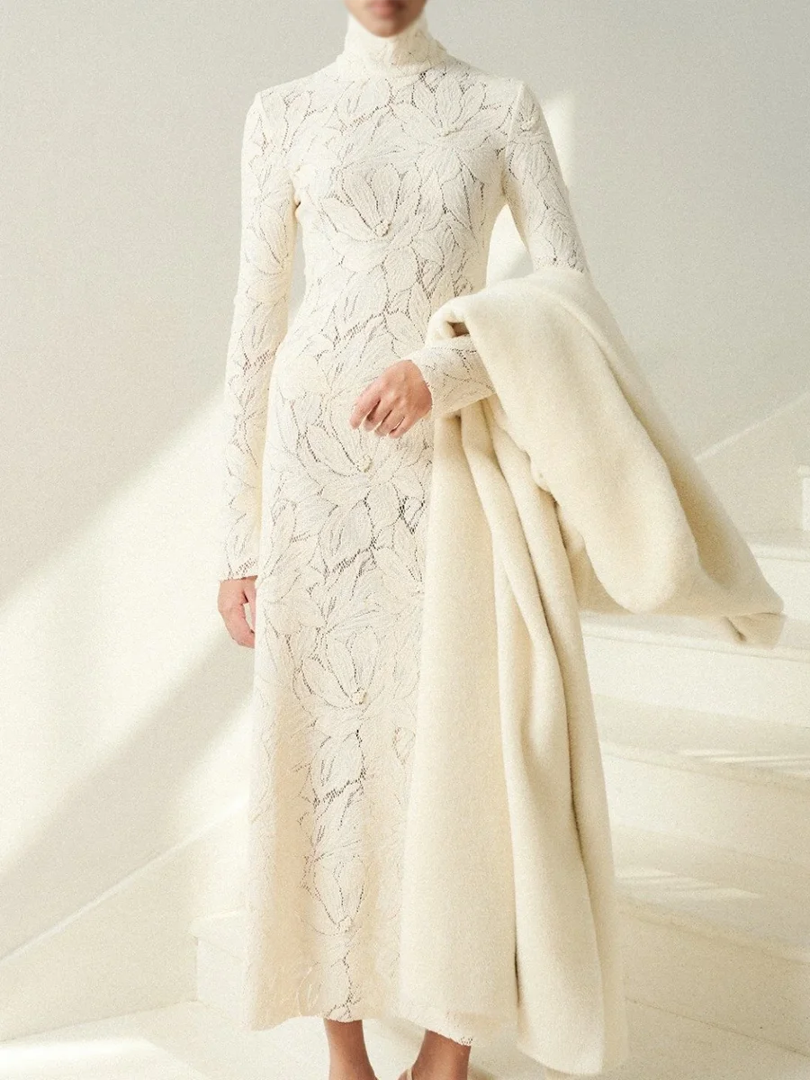 Classic High Collar Lace Full Sleeve Tea-Lenth Straight Bride Wedding Dresses Bridal Gowns Customized