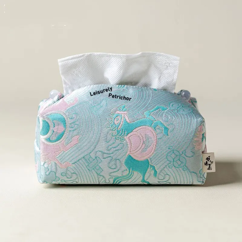 

Blue Jacquard Fabric Brocade Horse Box Tissue Rangement Wet Wipes Case Paper Drawer Room Napkin Storage Decoration Craft