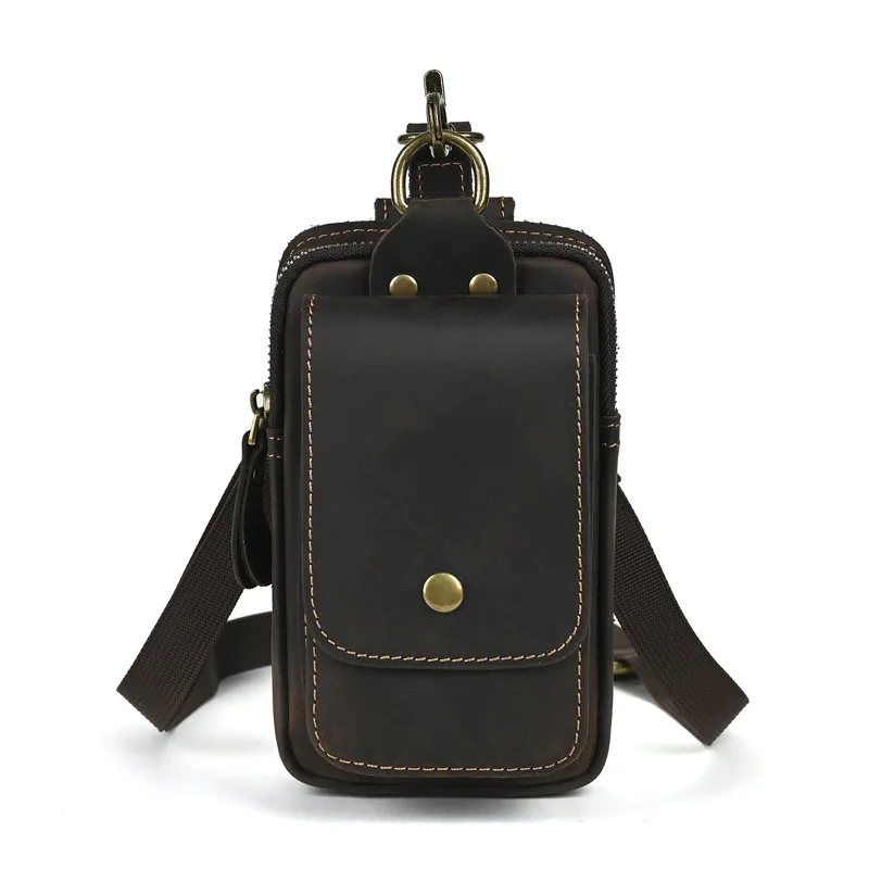 LD-Real Leather Men's Waist Bag, Top Layer Cowhide Outdoor Crossbody Bag, Crazy Horse Leather Mobile Phone Bag