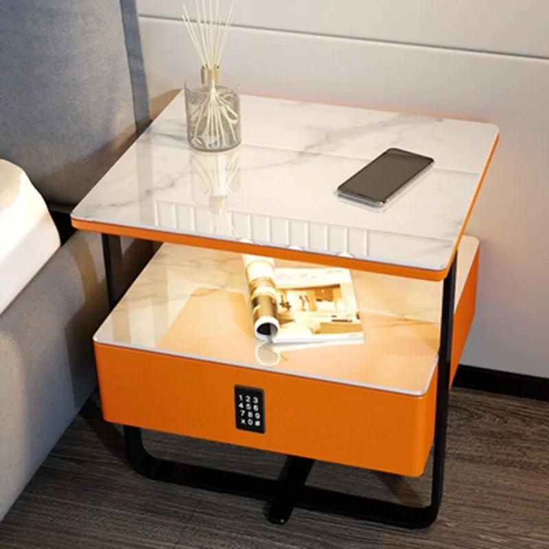 smart bedside table iron frame simple modern luxury rock board solid wood wireless charging bedroom bedside table