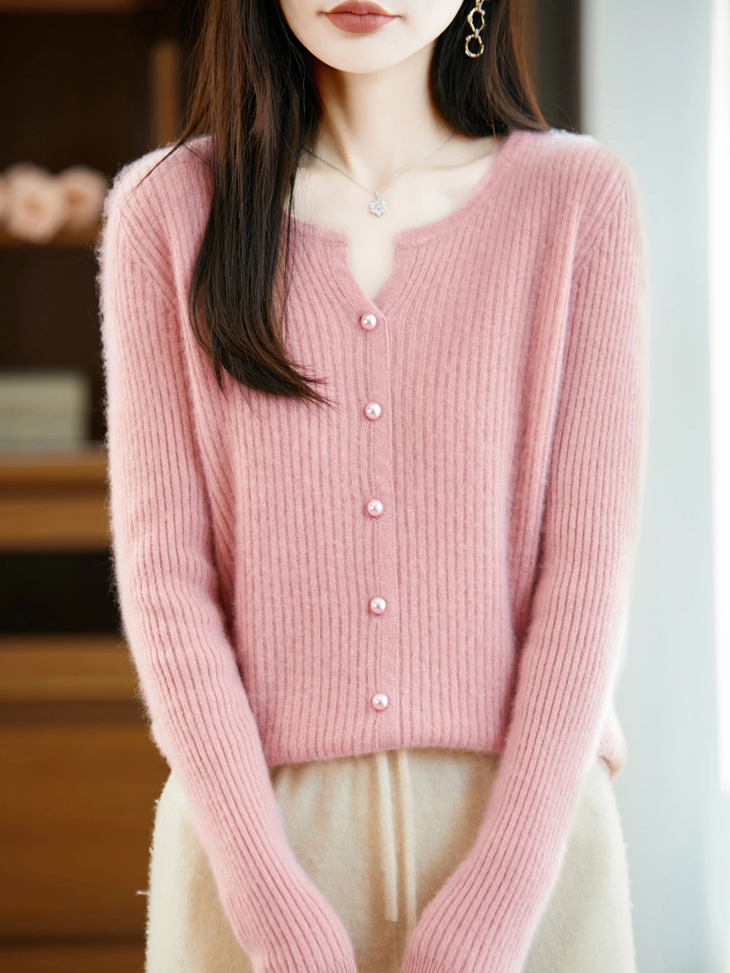 

Women's Casual Loose Long Sleeves Autumn Winter Pearl Button Cardigan 100% Merino Wool Knitted Sweater Warm Soft Clothing Tops