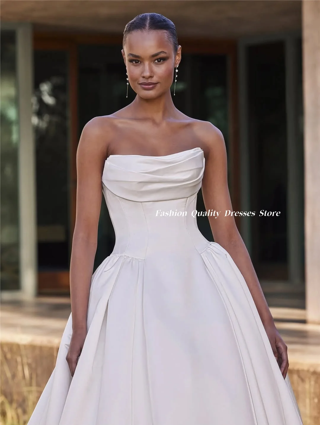Wedding Dresses Ivory Satin Strapless Bride Gown Fold Bust Corset Waist Pockets Beaded Back Long Train Wedding Gown Customized