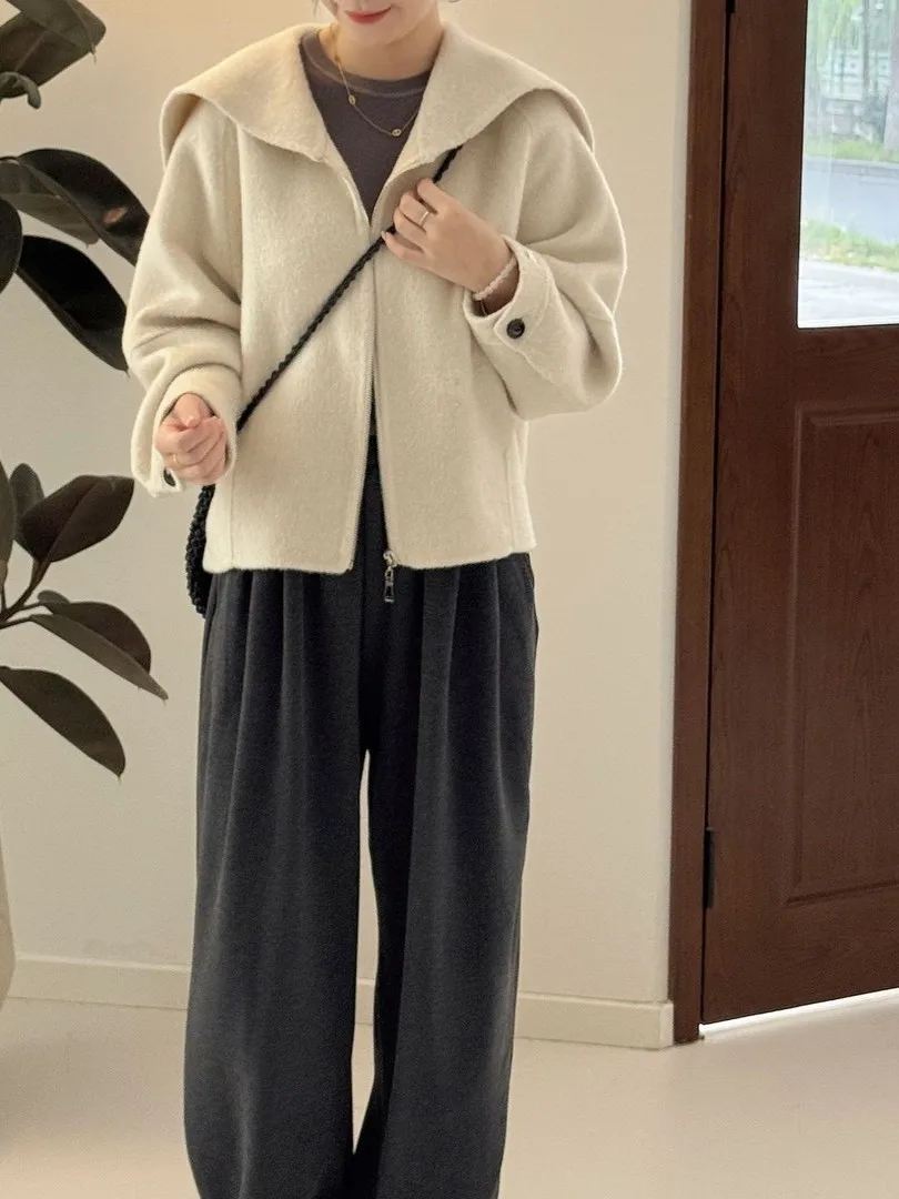 معطف صوفي كحلي للسيدات ort Sle بياقة عالية فضفاض مناسب للشتاء Faion Commute Wind Thiened طويل Sve سحاب لون نقي #1