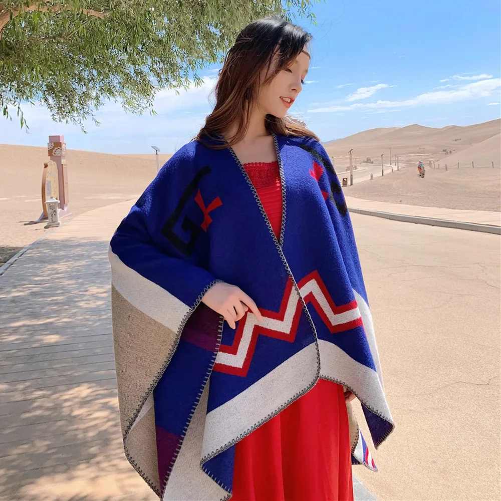 Thickened Poncho Scarf Women's Travel Photography Split Ethnic Style Warm Versatile Cape Spring Autumn Winter Vintage Cloak