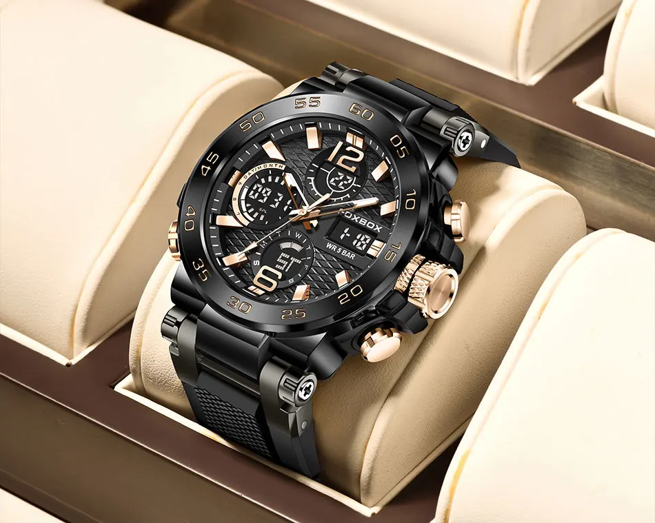 LIGE Neue Uhren für Herren, 50 m wasserdicht, Wecker, Reloj Hombre, LCD-Dual-Display-Armbanduhr, Quarz, Militär, Sport, Herrenuhr – Detail 19