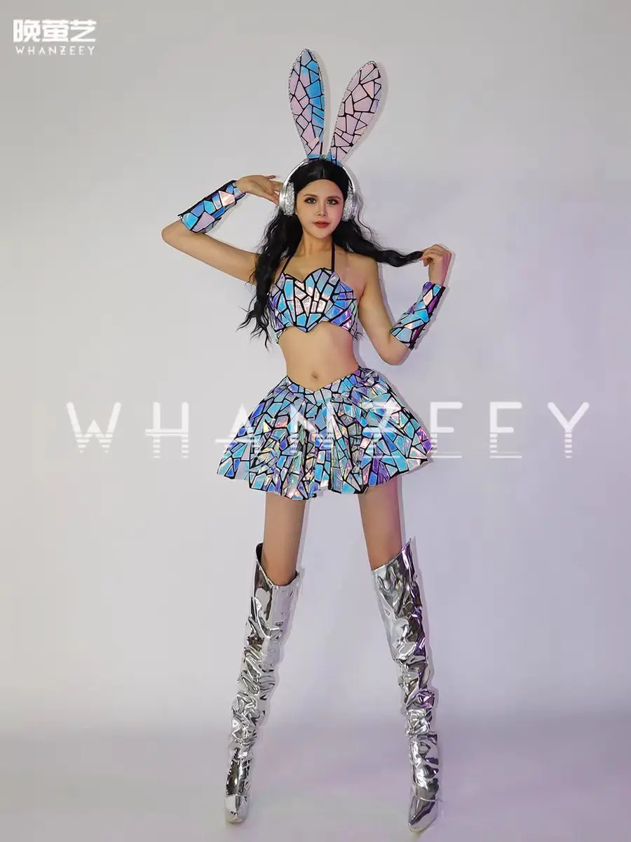 Nightclub Bar DJ Female Singer Performance Clothing Colorful Laser Lens Rabbit Ear Split Set Dance Team Party Theme Show